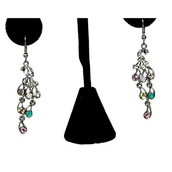 Fun Rhinestone Studded Peacock Dangle Earrings Excellent Condition Gift - Picture 1 of 4
